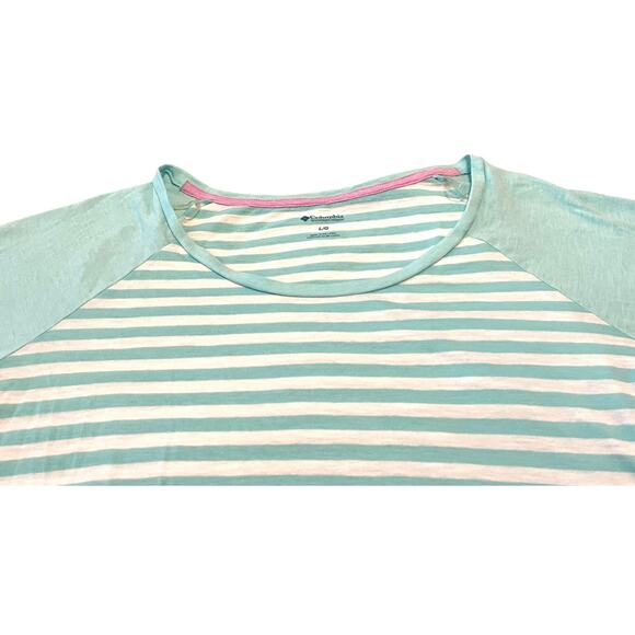COLUMBIA 3/4 SLEEVE, PULL-OVER TOP, WOMENS, L, LIGHT GREEN & WHITE STRIPES - Picture 3 of 11